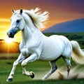 a wild white horse running in full