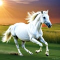 a wild white horse running in full