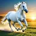 a wild white horse running in full