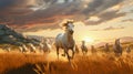 Wild White Mustang Horses Running Galloping Herd Beautiful Sunset Nature Field AI Generated Royalty Free Stock Photo