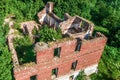 wild white stork (Ciconia ciconia) and its nest with chicks, brick building,aerial view, European Royalty Free Stock Photo