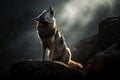 Wild Wolf howling on a rock illuminated by the sun\'s rays at dawn. Amazing Wildlife. Generative Ai Royalty Free Stock Photo