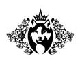 Wolf king with crown among heraldic rose flowers black and white vector portrait