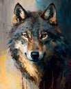 Wild wolf portrait close up. Wild nature powerful leader animal symbol. Blurred brush strokes oil painting illustration Royalty Free Stock Photo