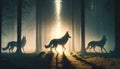 Wild wolves surrounded by glowing golden light, running through the misty forest. Generative AI