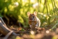 A wild wood mouse rests on the forest floor with lush green vegetation