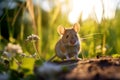 A wild wood mouse rests on the forest floor with lush green vegetation