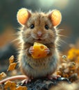 Wild Wood mouse sitting on the stump with cheese in the forest Royalty Free Stock Photo