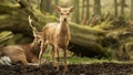 Wild young deer in the spring sunny forest, Denmark