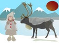 wild young reindeer and small girl in the sunny day