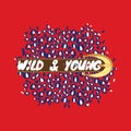Wild and young t-shirt fashion print with big belt and buckle on red background. Leopard spots for tshirt and apparel