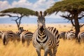 Wild zebra in field looking at camera. Generative AI Royalty Free Stock Photo