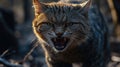 Wildcat in forest showing aggressive expression with open mouth and sharp teeth Royalty Free Stock Photo