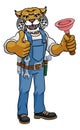 Wildcat Plumber Cartoon Mascot Holding Plunger