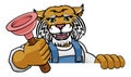 Wildcat Plumber Cartoon Mascot Holding Plunger