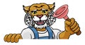 Wildcat Plumber Cartoon Mascot Holding Plunger