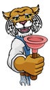 Wildcat Plumber Cartoon Mascot Holding Plunger Royalty Free Stock Photo