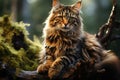 Wildcat sitting on a tree trunk. Generative AI Royalty Free Stock Photo