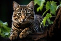 Wildcat sitting on a tree trunk. Generative AI Royalty Free Stock Photo