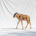 Wildebeest (Connochaetes) is walking in front of a plain white Royalty Free Stock Photo