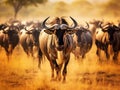 Wildebeest in dusty savanna. Herd of wildebeests, Tanzanian Serengeti. Wildebeests in the wild. Herd of gnus in African Savanna.