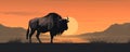 Wildebeest or gnu antelope on a beautiful sunset landscape, illustration generated by ai