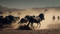 A wildebeest herd running Ai generative