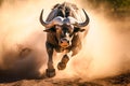 A wildebeest runing on day time, front view, generative AI