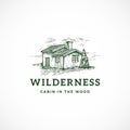 Wilderness Abstract Vector Sign, Symbol or Logo Template. Elegant Cabin in the Wood Drawing Sketch with Classy Retro