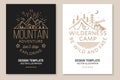 Wilderness camp. Be wild and free. Mountains related line art quote. Vector illustration. Set of Line art flyer