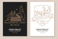 Wilderness camper. Be wild. Alpine club. Vector. Set of Line art flyer, brochure, banner, poster with bear with pocket