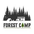 Wilderness Explorer logo with camp car and pine trees forest. Royalty Free Stock Photo