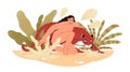 Wilderness naked woman hug jaguar at tropical bushes vector flat illustration. Predator and human together isolated