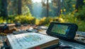 Wilderness Navigation with GPS and Map in a Forest Royalty Free Stock Photo