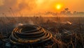 Wildfire Aftermath - Fire Hose on Scorched Earth at Sunset Royalty Free Stock Photo