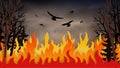 Wildfire background. Smoke in the air, fir trees in fire, natural disaster. Birds flying away from flame of burning forest trees.