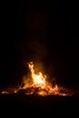 Wildfire burning on grass and wood at night.