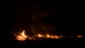 Wildfire burning on grass and wood at night.