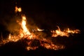 Wildfire burning on grass and wood at night.