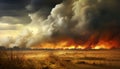 Wildfire consuming an agricultural field and filling the horizon with its flames and smoke beneath dramatic sky. Generative AI