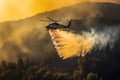 Wildfire control Helicopter swoops in, dumping water on the flames