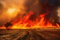 Wildfire destroying an agricultural field, with flames and smoke reaching for the dark red sky. Generative AI realistic