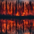 A wildfire engulfing a dense forest.