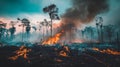 Wildfire engulfing tropical rainforest trees under dramatic sky Royalty Free Stock Photo