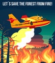 Wildfire firefighter plane or fire aircraft jet extinguish fire, poster or banner illustration