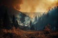 wildfire forest much smoke and fire, dramatic, climate disaster