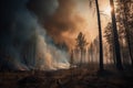 wildfire forest much smoke and fire, dramatic, climate disaster