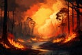 Wildfire in the forest. Wood burning in flames. Generative Ai illustration