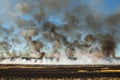 Wildfire on wheat field stubble after harvesting near forest. Burning dry grass meadow due arid climate change hot weather and Royalty Free Stock Photo