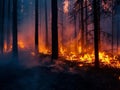 Wildfires burning trees with smoke